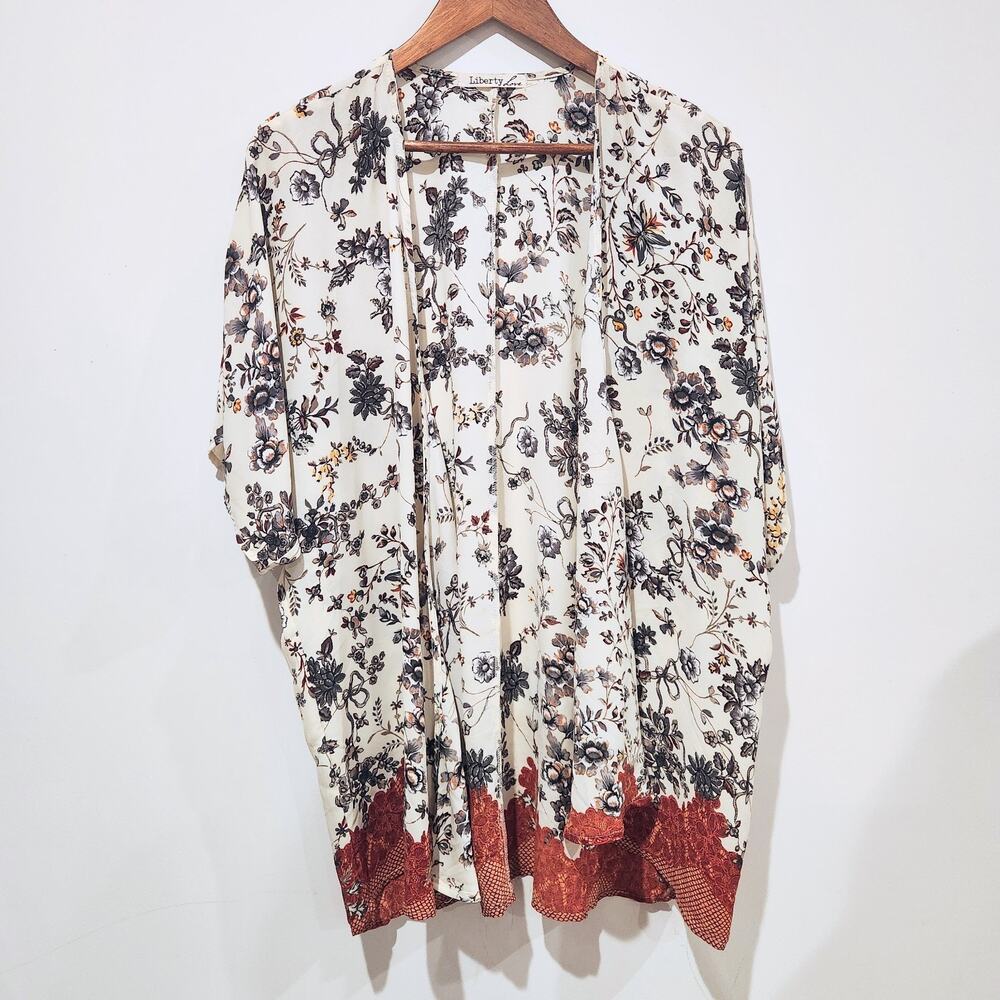 Liberty Love Womens White Floral Short Sleeve Open Kimono Size 1XL Beach Coastal